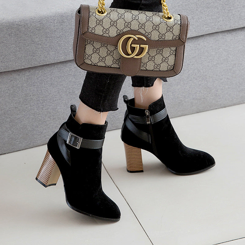 Buckle Strap Block Heel Ankle Boots