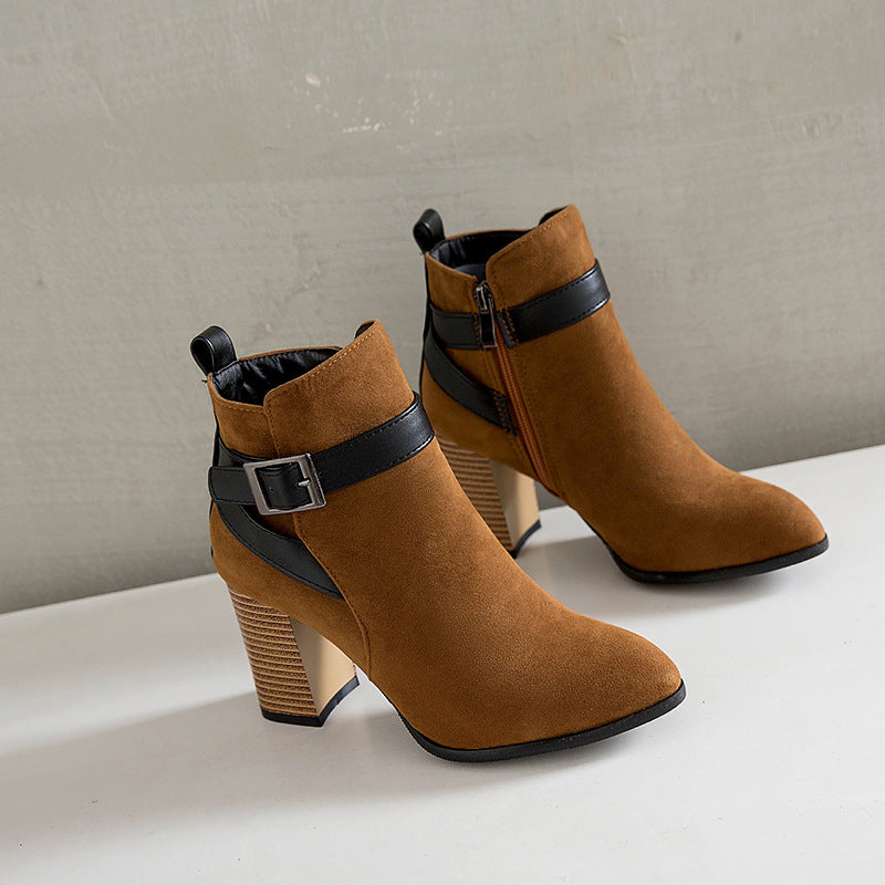 Buckle Strap Block Heel Ankle Boots