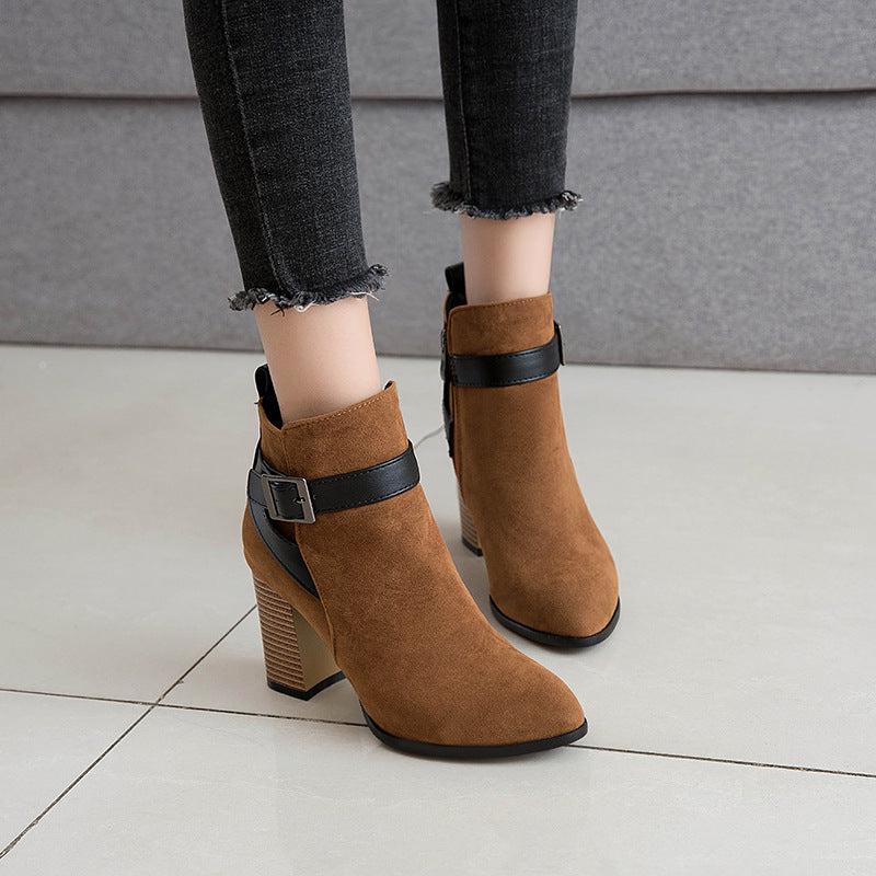 Buckle Strap Block Heel Ankle Boots