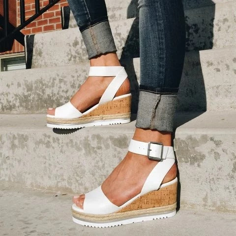Single Strap Cork Wedge Sandals