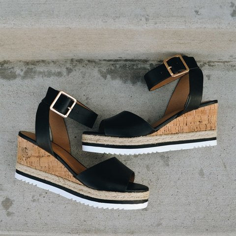 Single Strap Cork Wedge Sandals