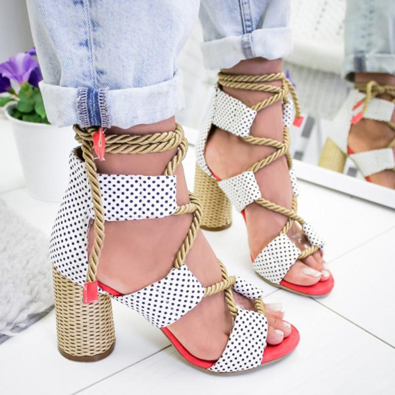 Rope Lace-Up Block Heel Sandals