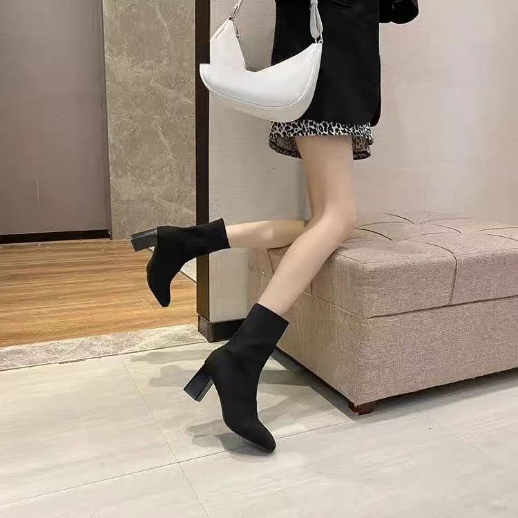 Cream Ribbed Knit Sock Ankle Boots with Block Heel