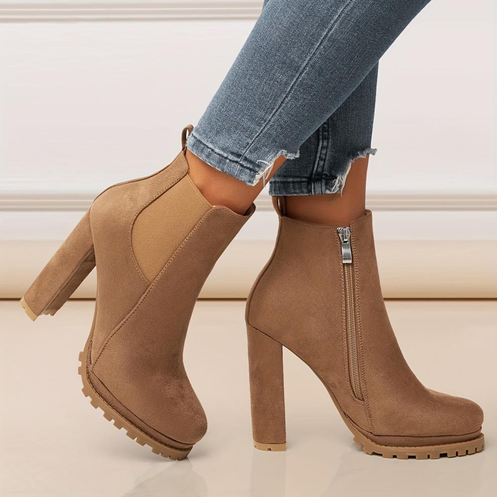 Tan Suede Chelsea Block Heel Ankle Boots with Lug Sole
