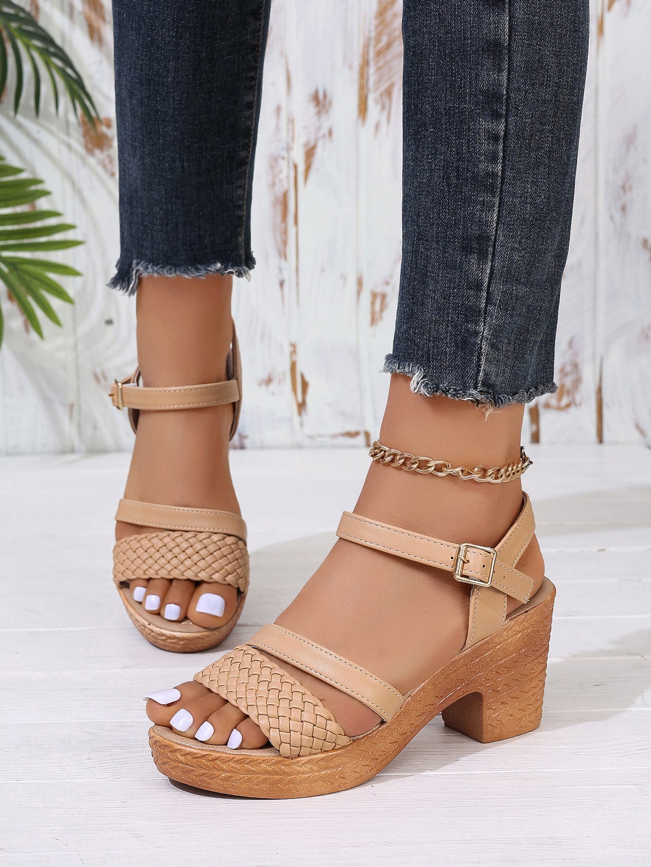 Boho Braided Strap Platform Block Heel Sandals