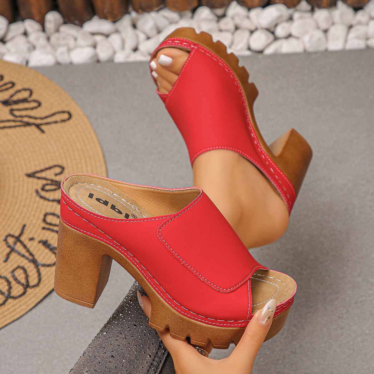 Peep-Toe Platform Mule Sandals with Lug Sole Block Heel