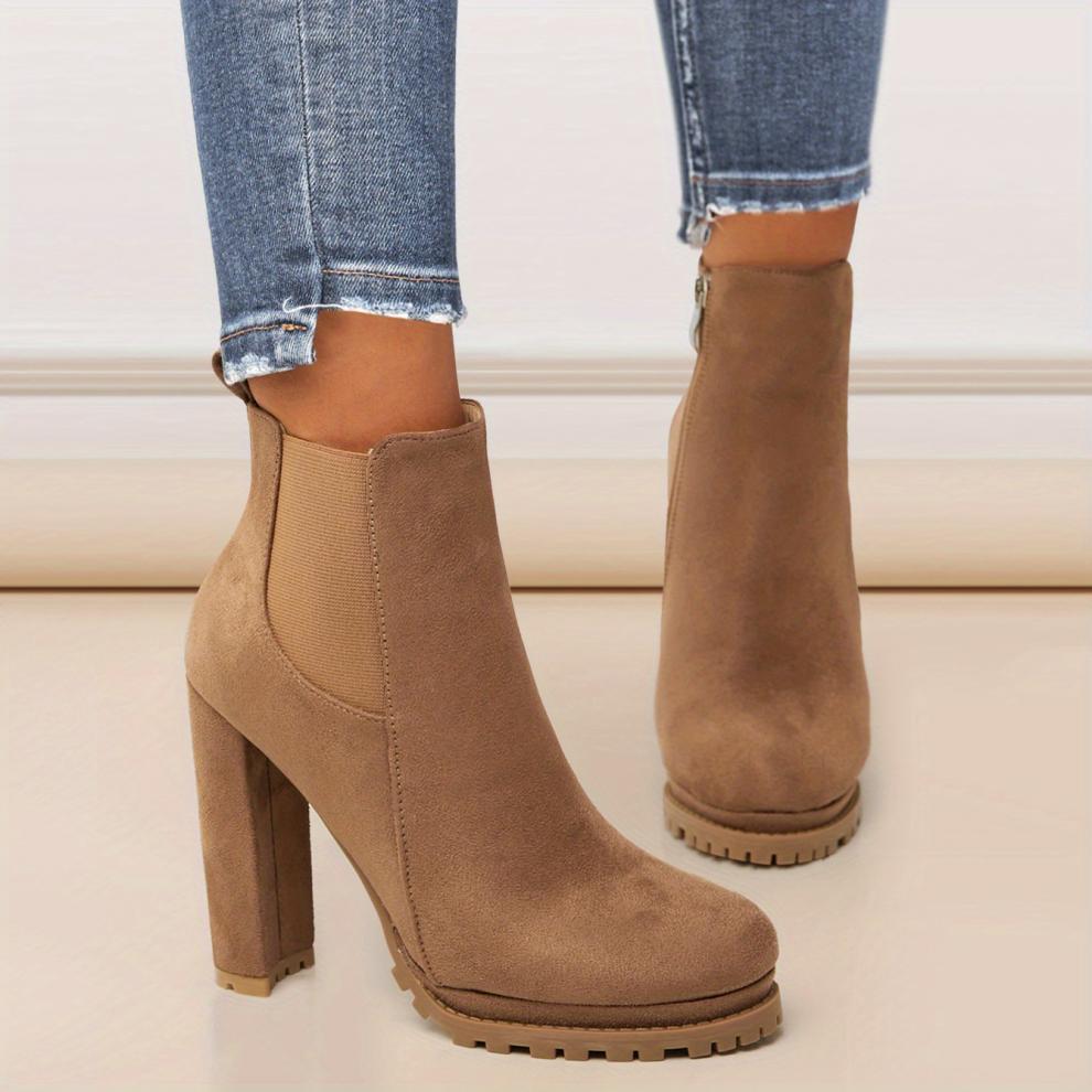 Tan Suede Chelsea Block Heel Ankle Boots with Lug Sole