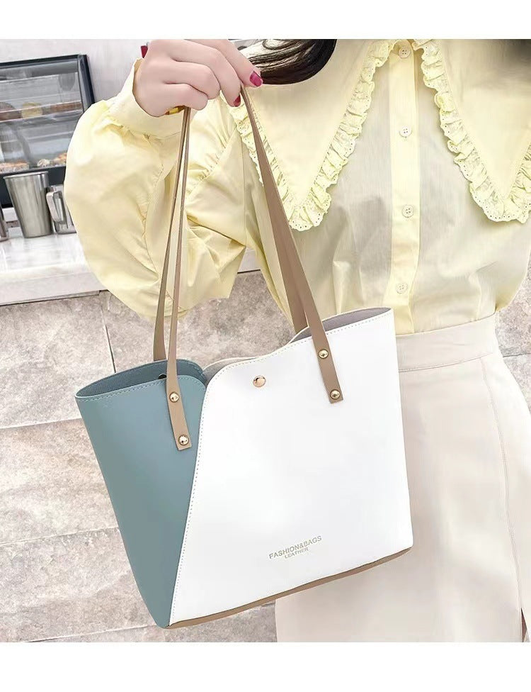 Two-Tone PU Leather Shoulder Tote Bag
