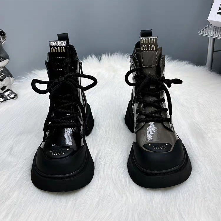 Women's Metallic Patent Leather Lace-Up Combat Boots