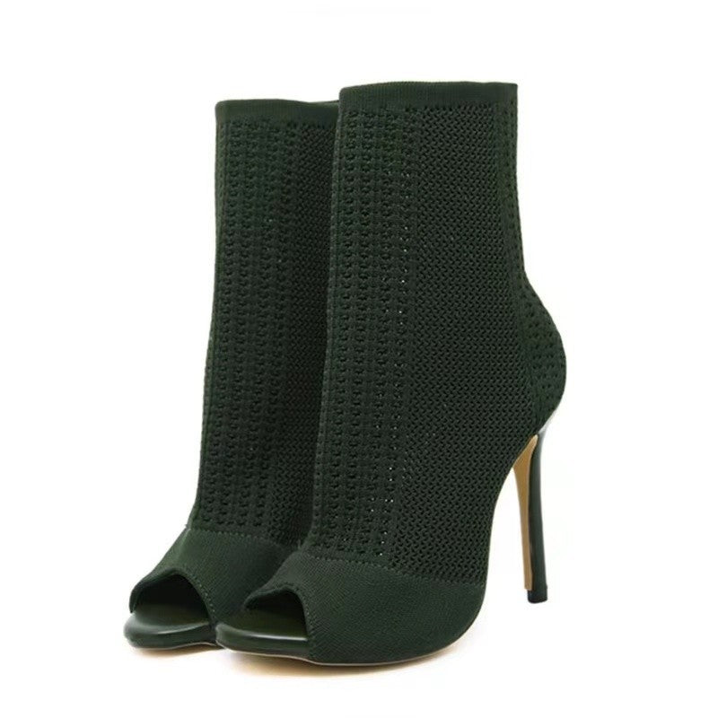 Forest Green Open-Toe Mesh Knit Sock Boots with Stiletto Heel
