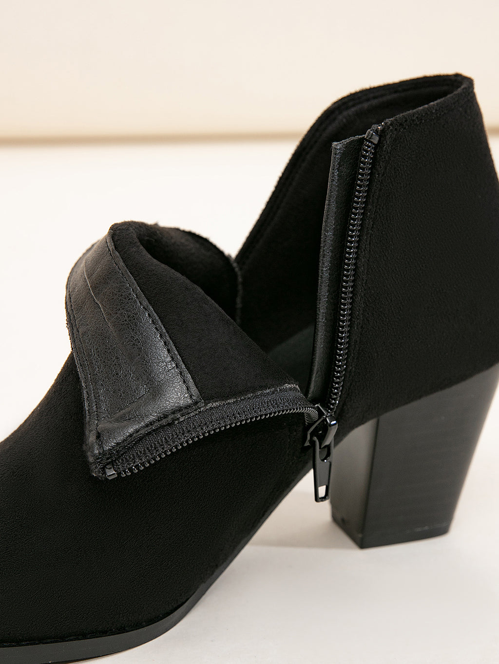 V-Cut Suede Block Heel Ankle Boots with Side Zip