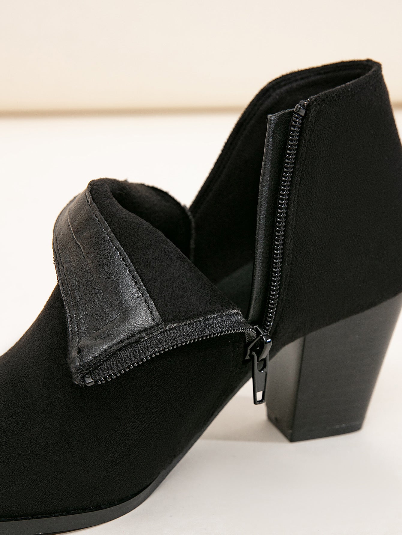 V-Cut Suede Block Heel Ankle Boots with Side Zip