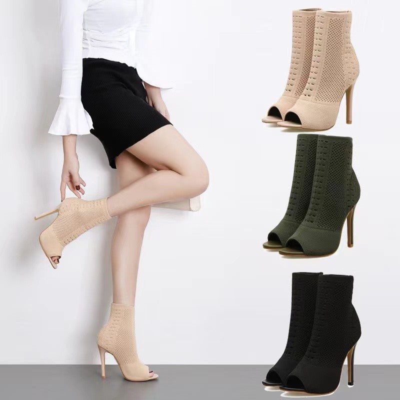 Forest Green Open-Toe Mesh Knit Sock Boots with Stiletto Heel