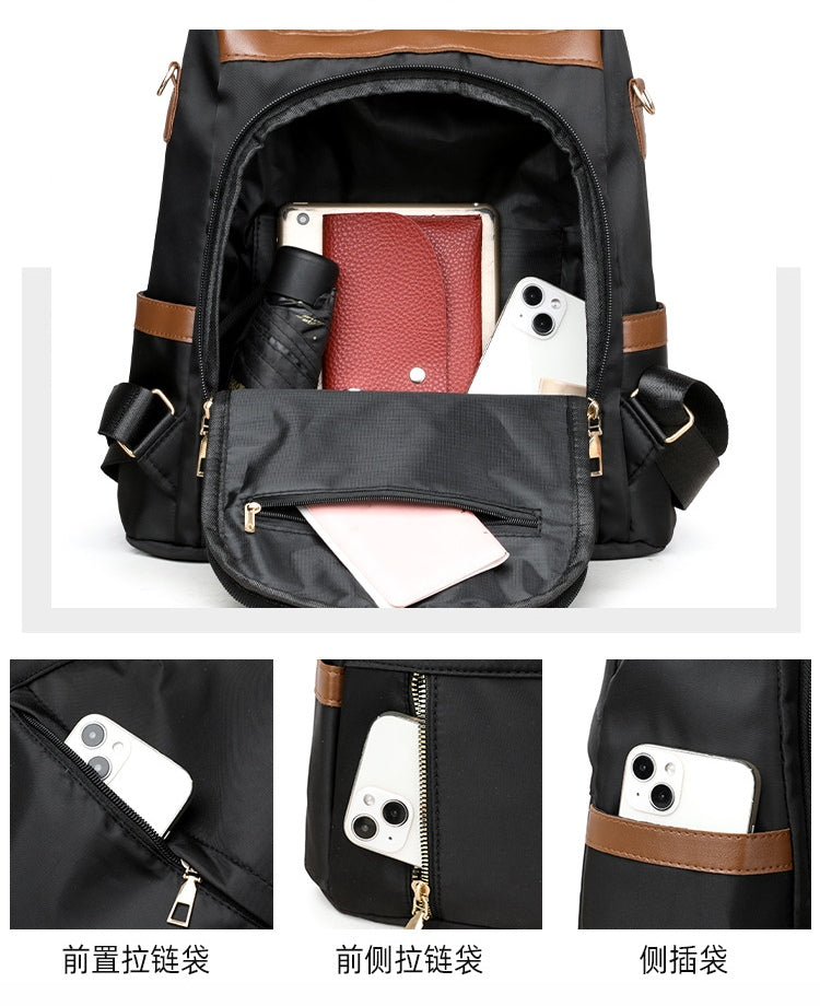 Anti-Theft Nylon Backpack with Tan Leather Trim