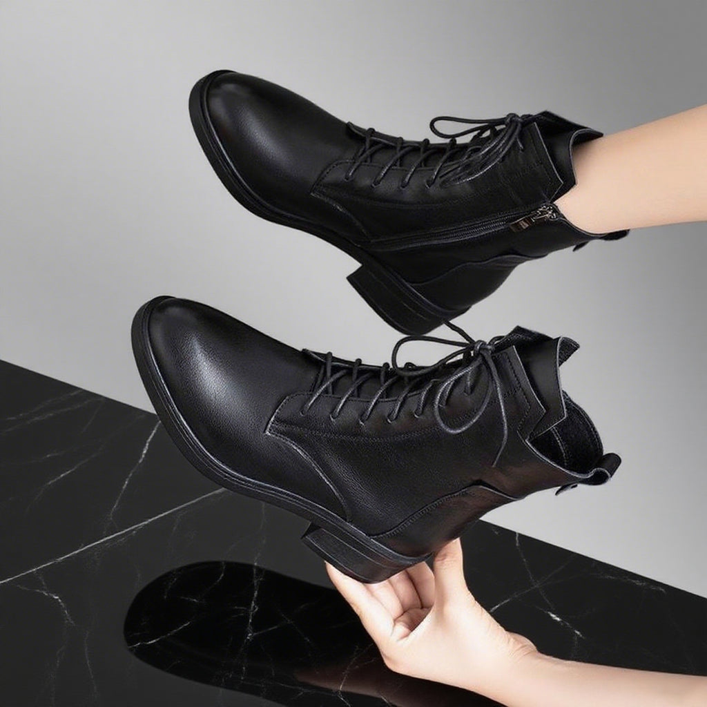 Women's Black Leather Block Heel Ankle Boots