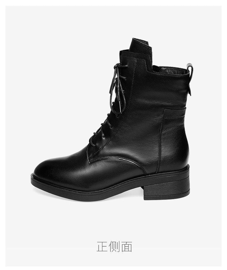 Women's Black Leather Block Heel Ankle Boots