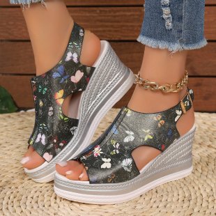 Cutout Peep-Toe Wedge Slingback Sandals