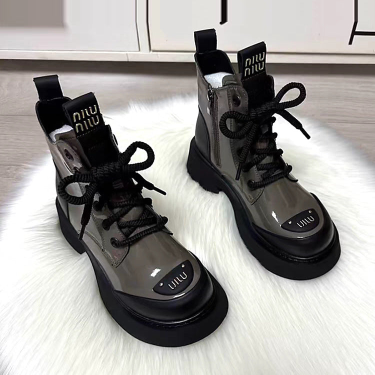 Women's Metallic Patent Leather Lace-Up Combat Boots