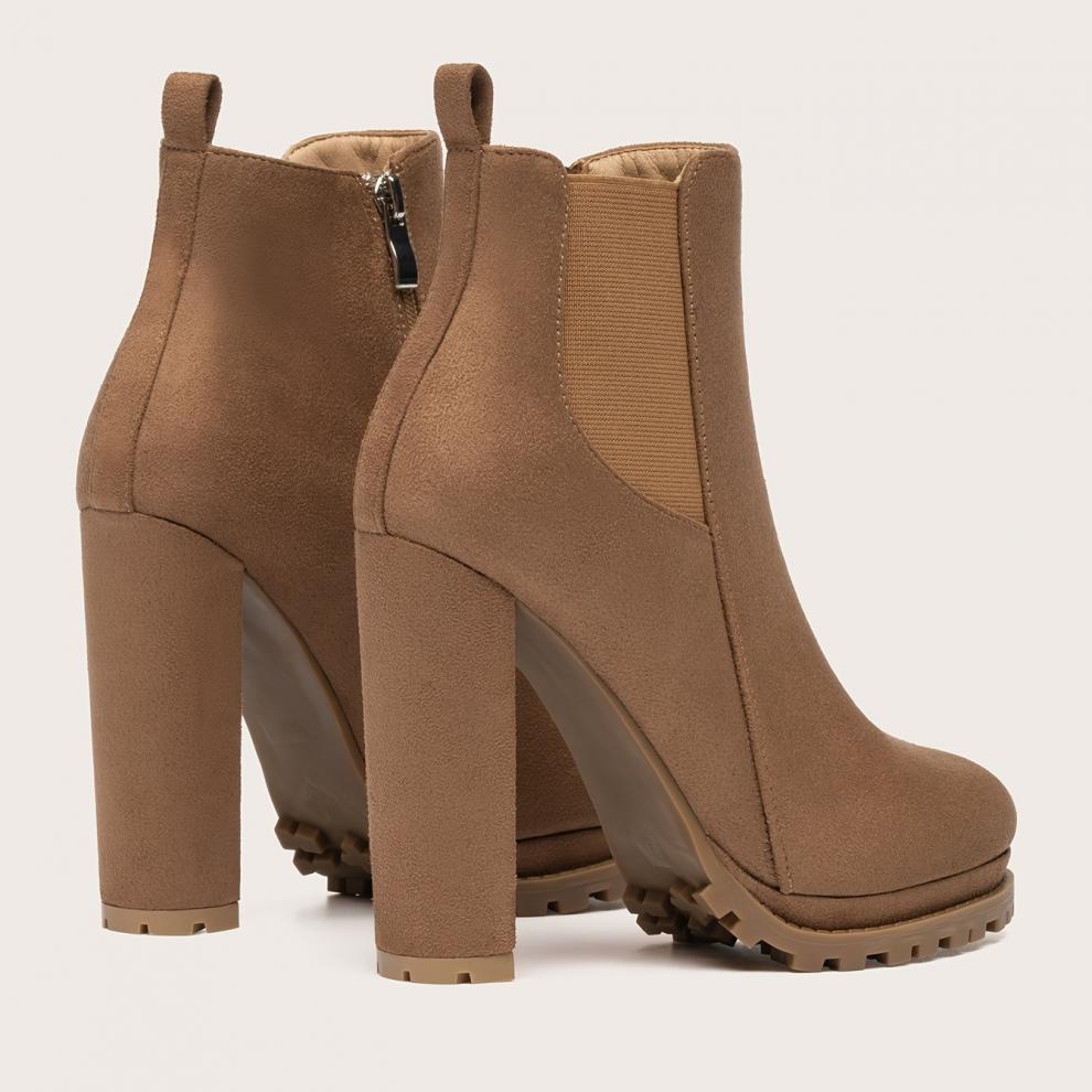 Tan Suede Chelsea Block Heel Ankle Boots with Lug Sole