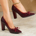 Burgundy Croc-Embossed Block Heel Pumps with Bow