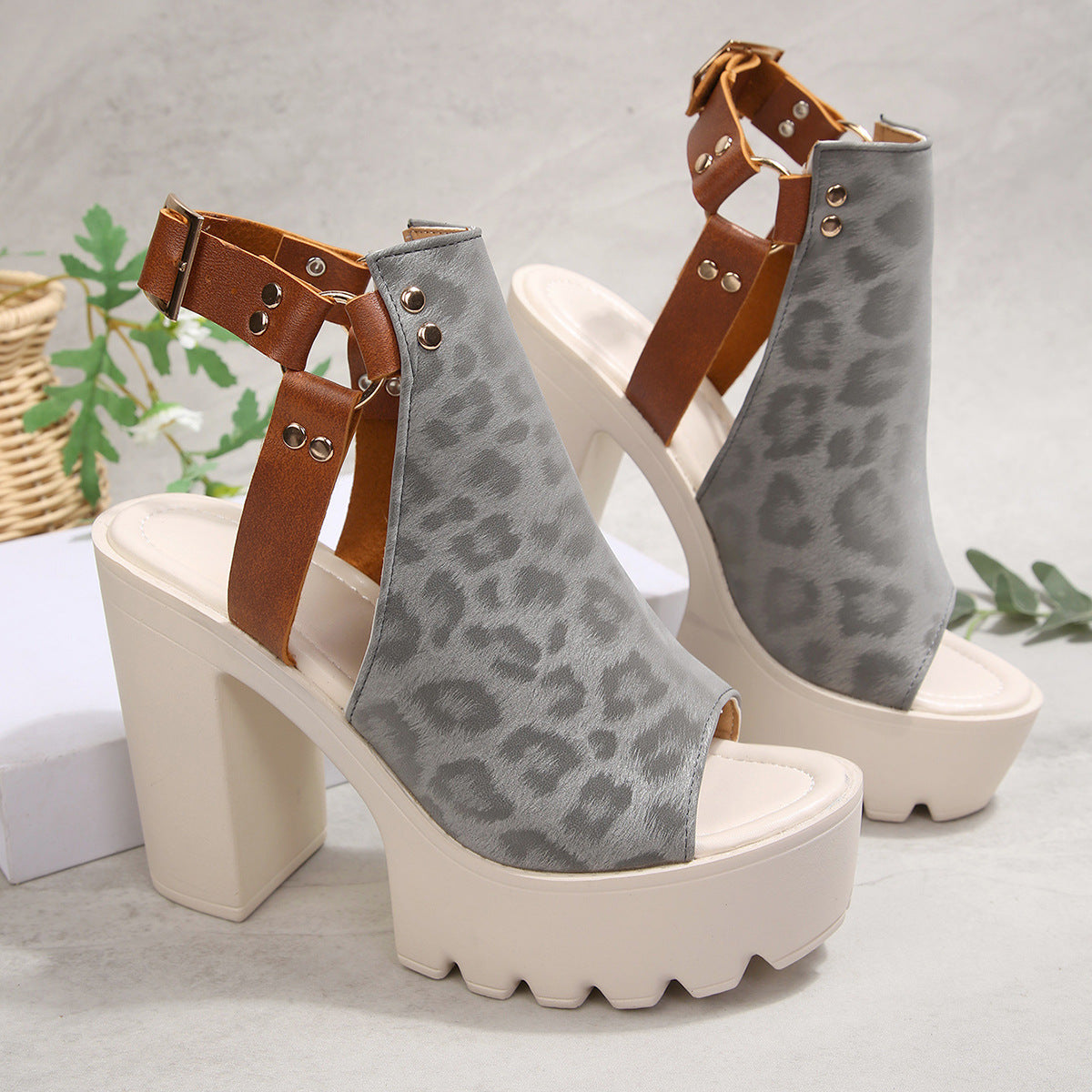 Leopard Print Lug Sole Block Heel Sandals