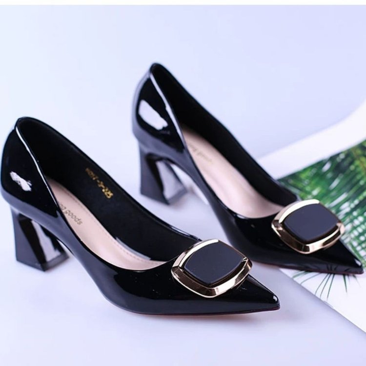 Gemstone Buckle Patent Block Heel Pumps
