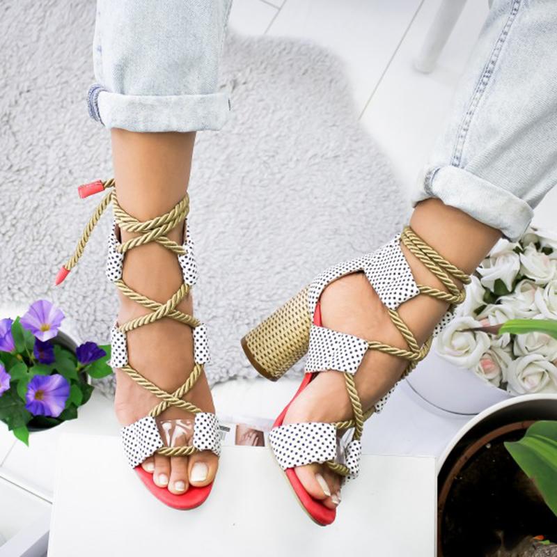 Rope Lace-Up Block Heel Sandals