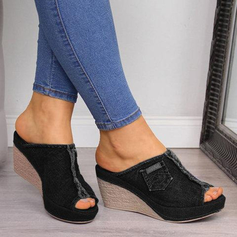 Denim Wedge Mule Sandals