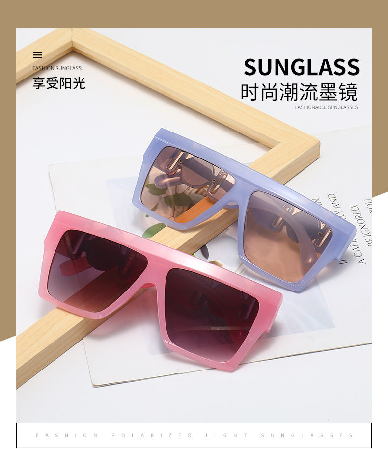 Oversized Square Flat-Top Sunglasses with Gold Medallion Detail