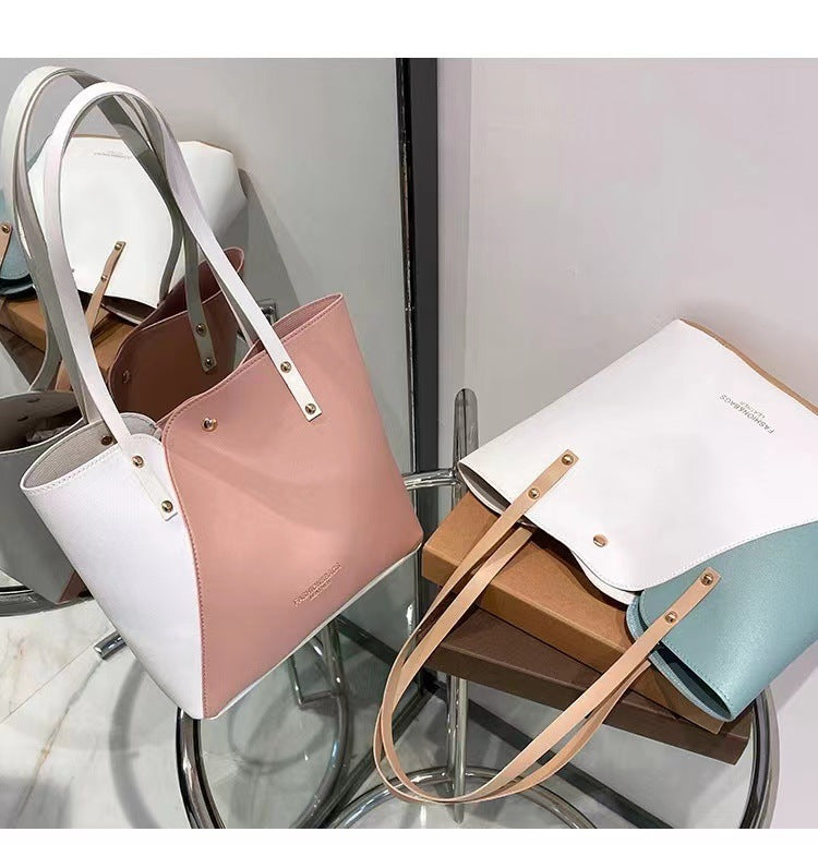 Two-Tone PU Leather Shoulder Tote Bag
