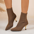 Brown Textured Knit Sock Ankle Boots with Gold Stiletto Heel