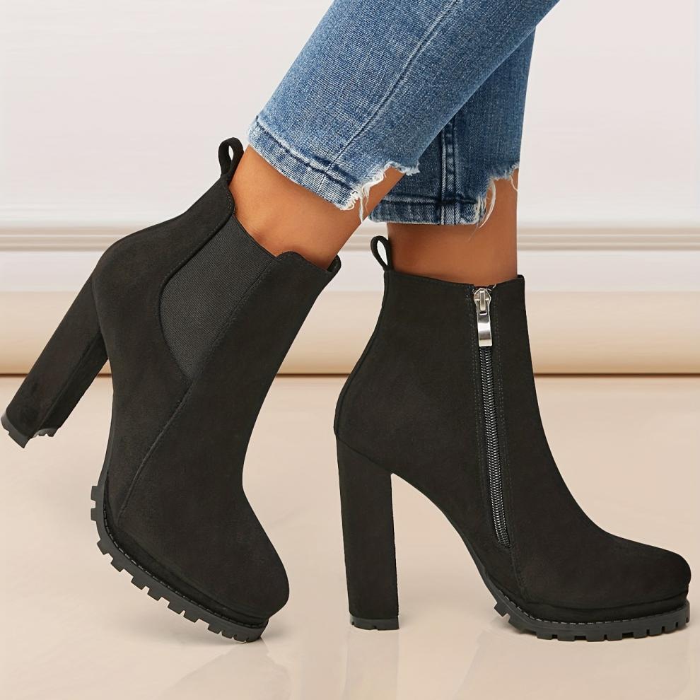 Tan Suede Chelsea Block Heel Ankle Boots with Lug Sole