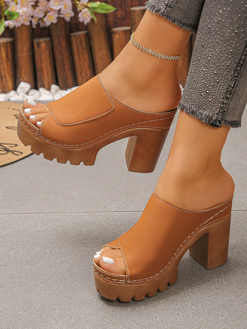 Peep-Toe Platform Mule Sandals with Lug Sole Block Heel