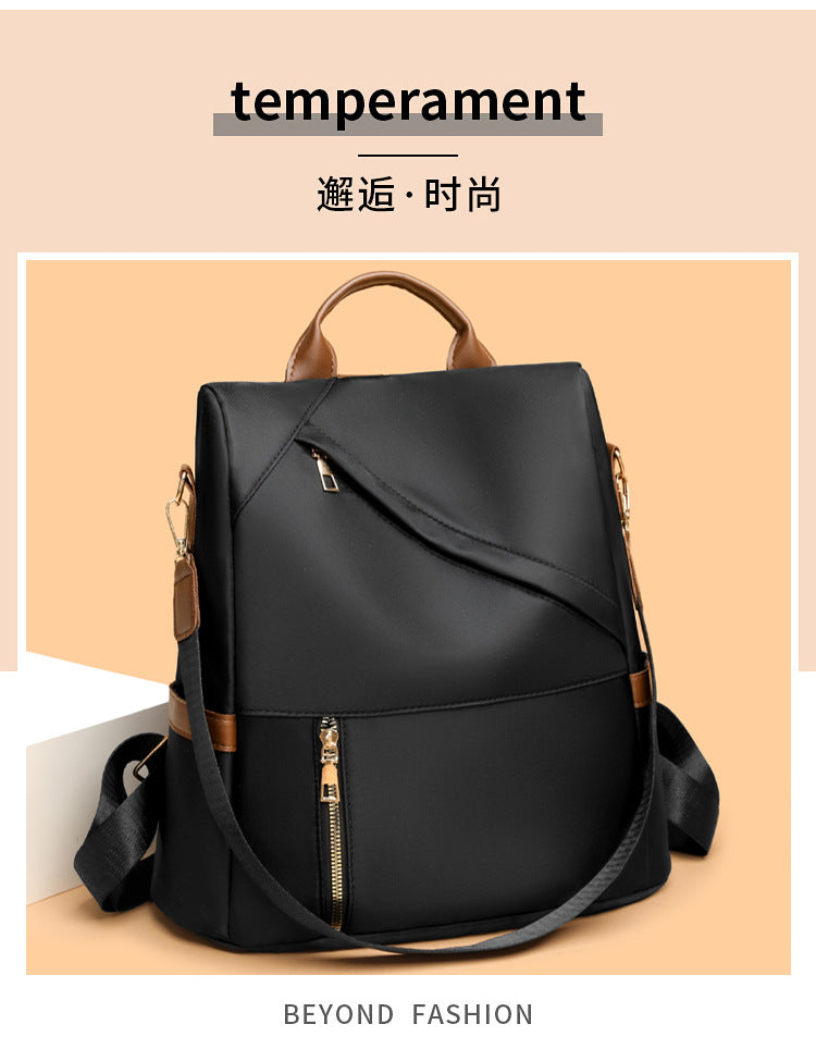 Anti-Theft Nylon Backpack with Tan Leather Trim