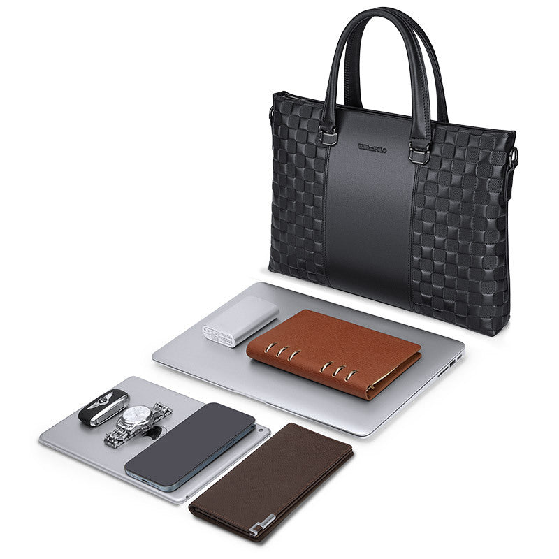 Woven-Embossed Leather Briefcase with Detachable Shoulder Strap
