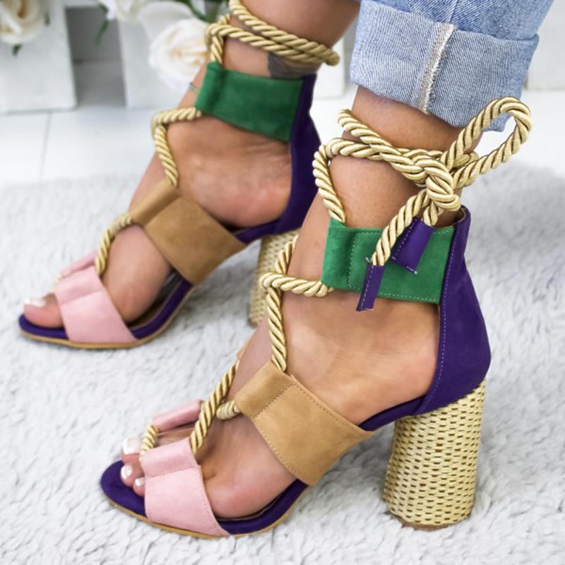 Rope Lace-Up Block Heel Sandals