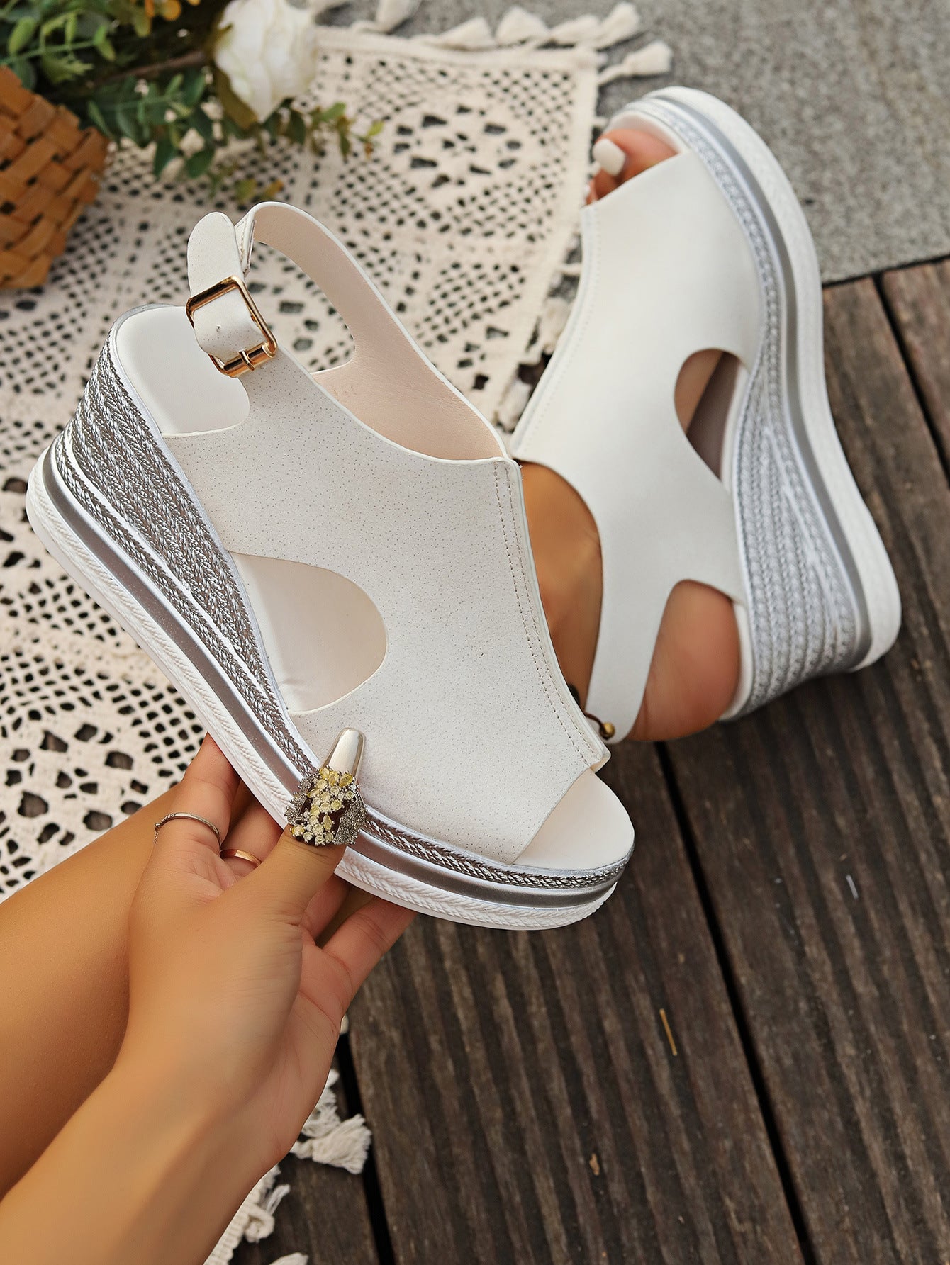 Cutout Peep-Toe Wedge Slingback Sandals