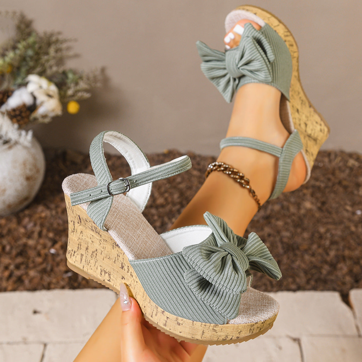 Bow Cork Wedge Sandals