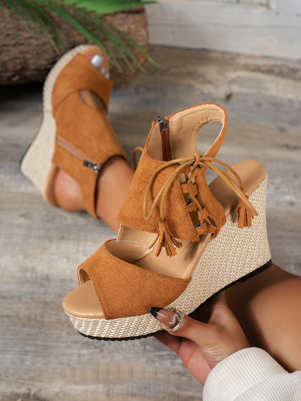 Suede Tassel Lace-Up Wedge Sandals