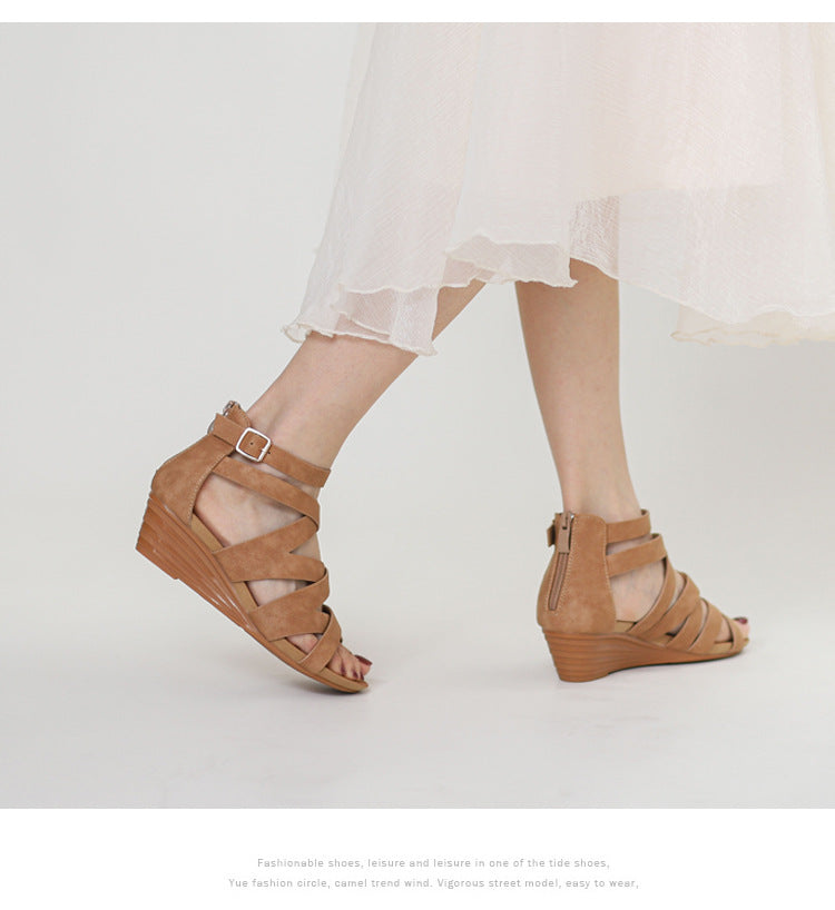 Cross-Strap Suede Wedge Sandal