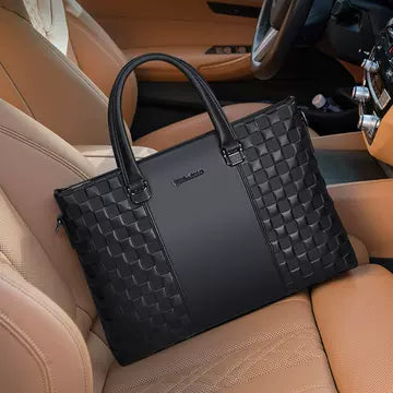 Woven-Embossed Leather Briefcase with Detachable Shoulder Strap