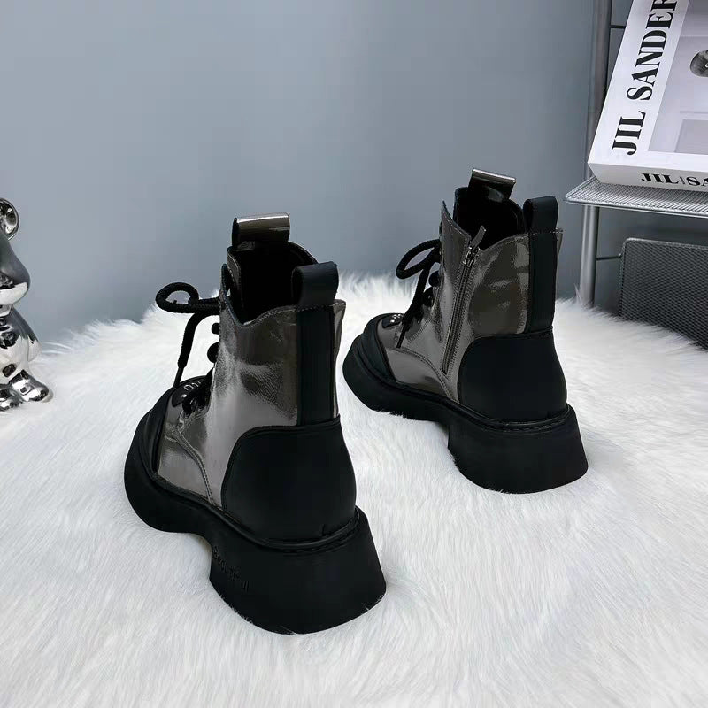 Women's Metallic Patent Leather Lace-Up Combat Boots