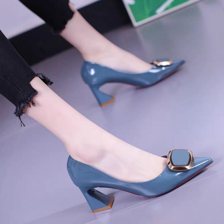 Gemstone Buckle Patent Block Heel Pumps
