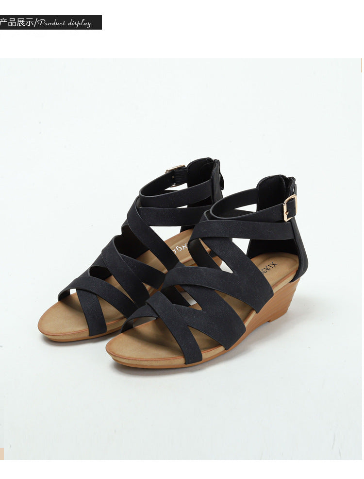 Cross-Strap Suede Wedge Sandal