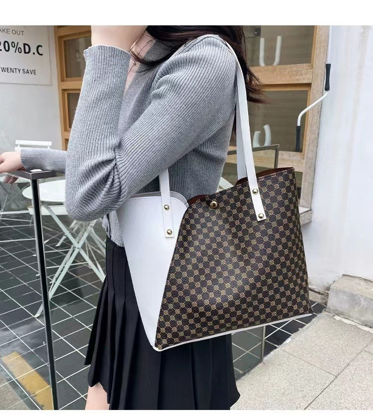 Two-Tone PU Leather Shoulder Tote Bag