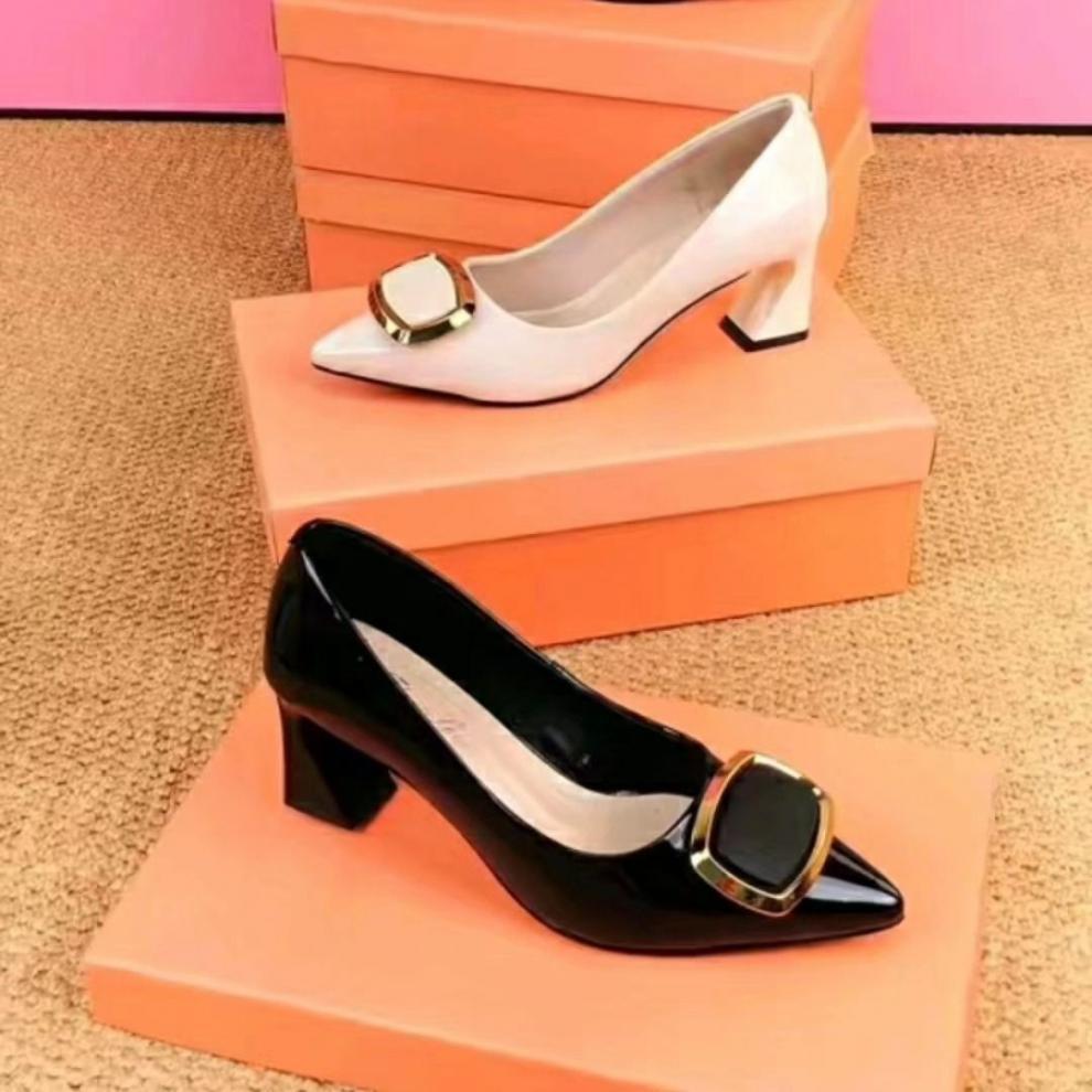 Gemstone Buckle Patent Block Heel Pumps