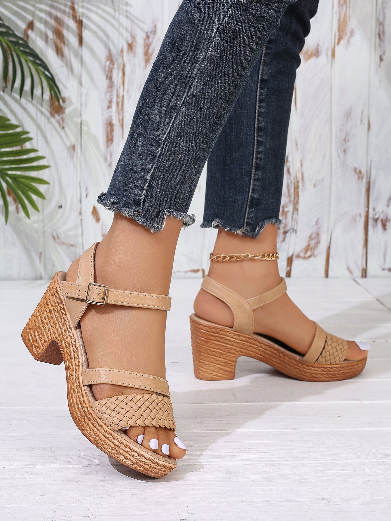 Boho Braided Strap Platform Block Heel Sandals