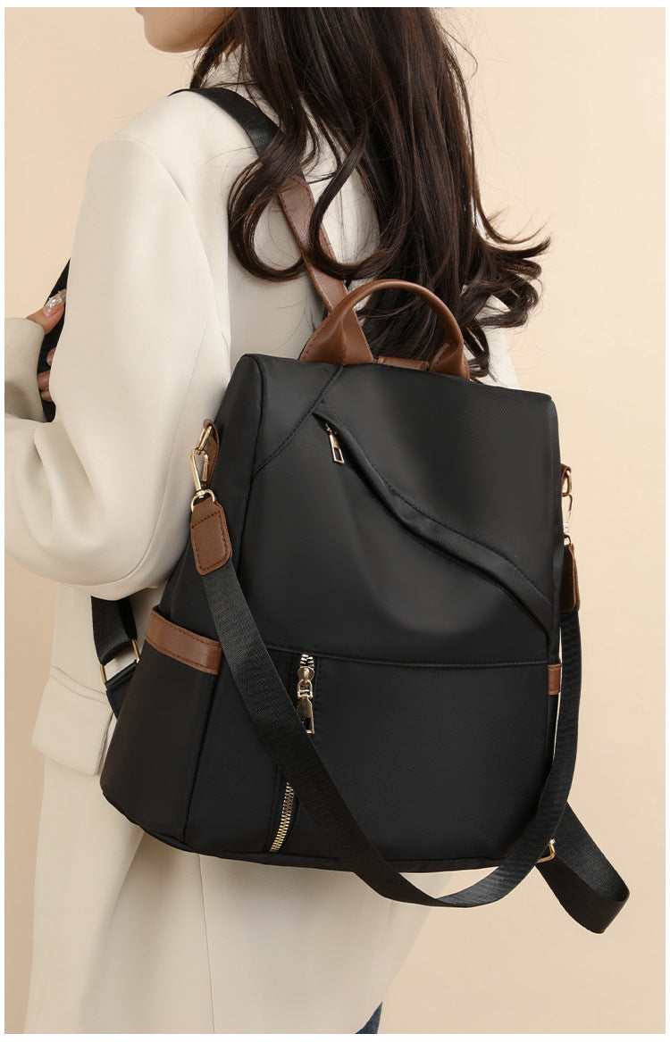 Anti-Theft Nylon Backpack with Tan Leather Trim