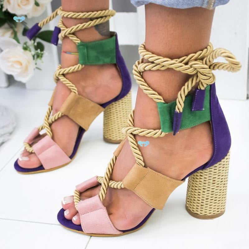 Rope Lace-Up Block Heel Sandals
