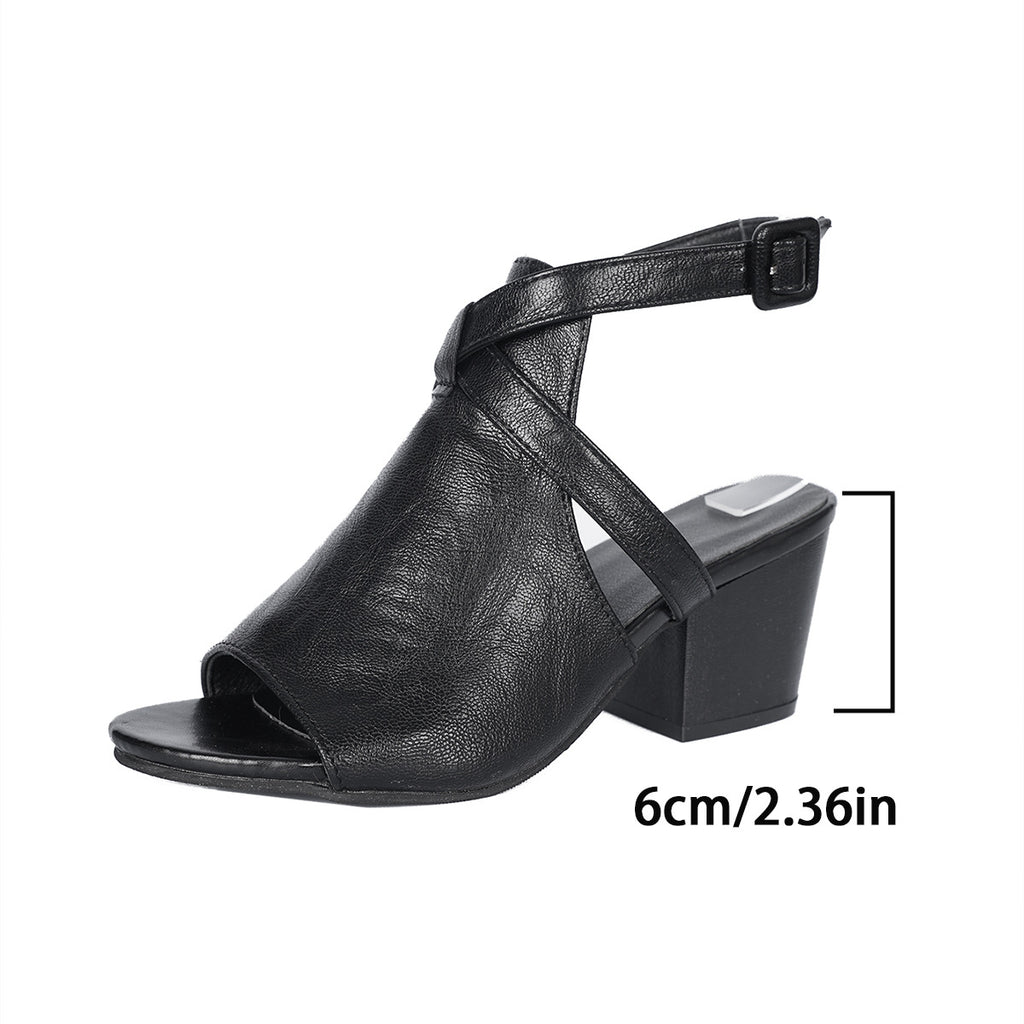Black Cross-Strap Block Heel Sandals
